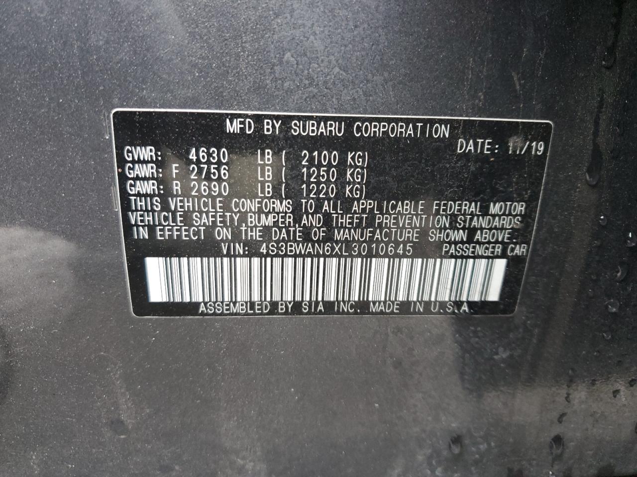 4S3BWAN6XL3010645 2020 Subaru Legacy Limited