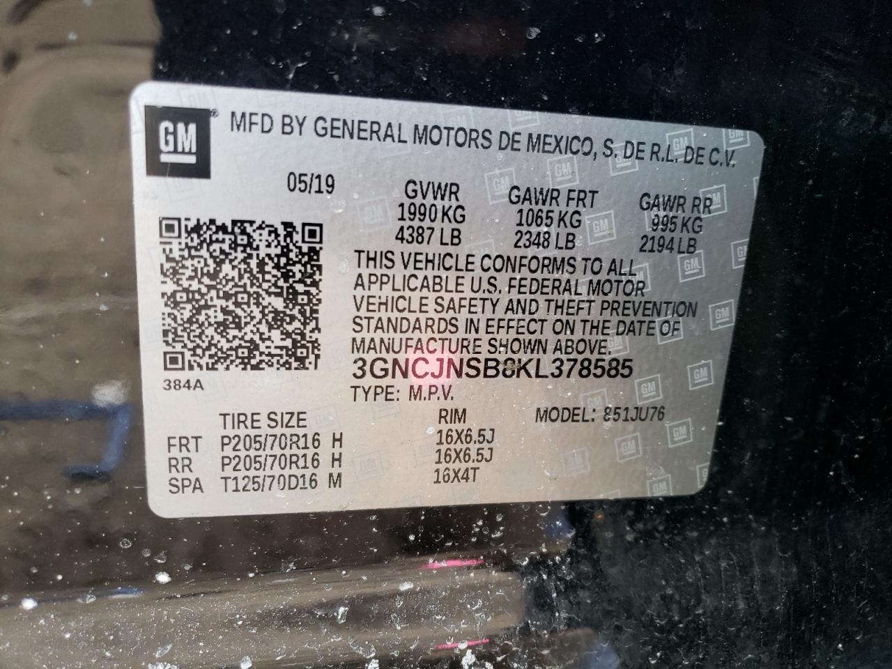 3GNCJNSB8KL378585 2019 Chevrolet Trax Ls