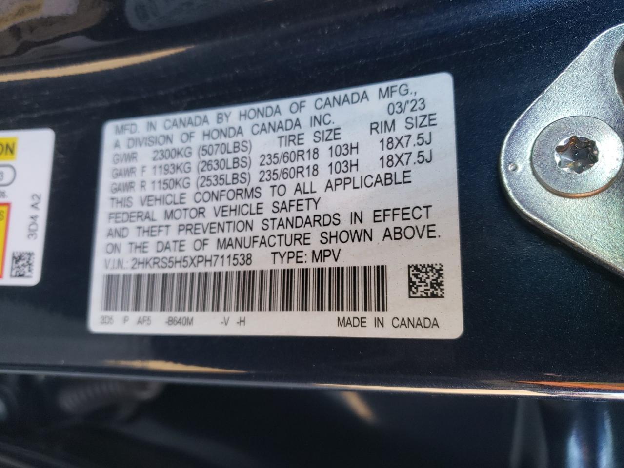 VIN: 2HKRS5H5XPH711538 2023 HONDA CRV