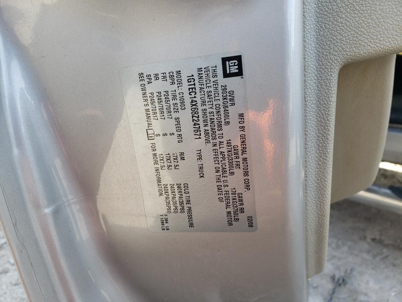 1GTEC14X68Z247671 2008 GMC Sierra C1500