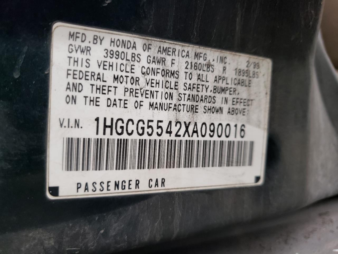 1HGCG5542XA090016 1999 Honda Accord Lx