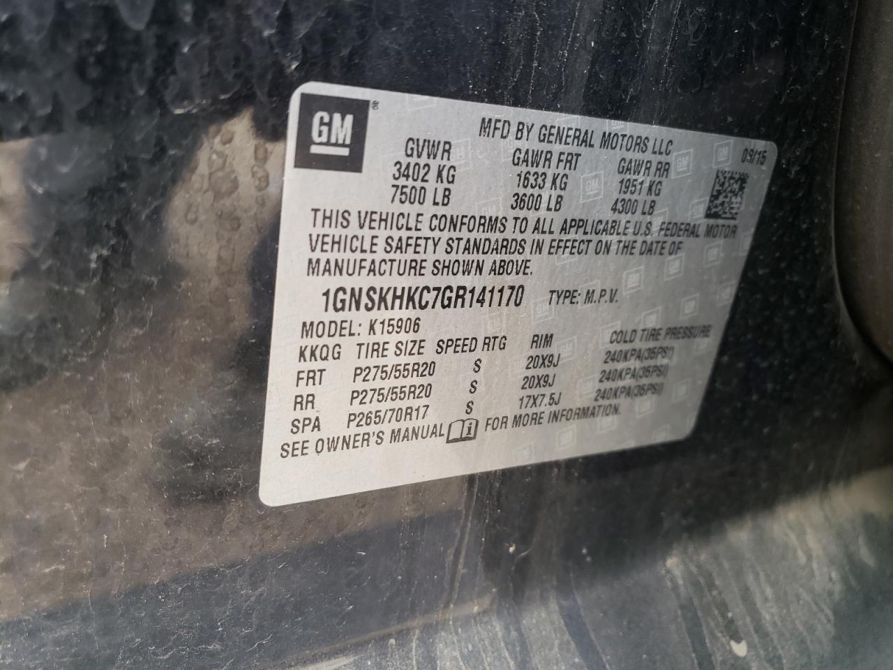 1GNSKHKC7GR141170 CHEVROLET SUBURBAN 2016