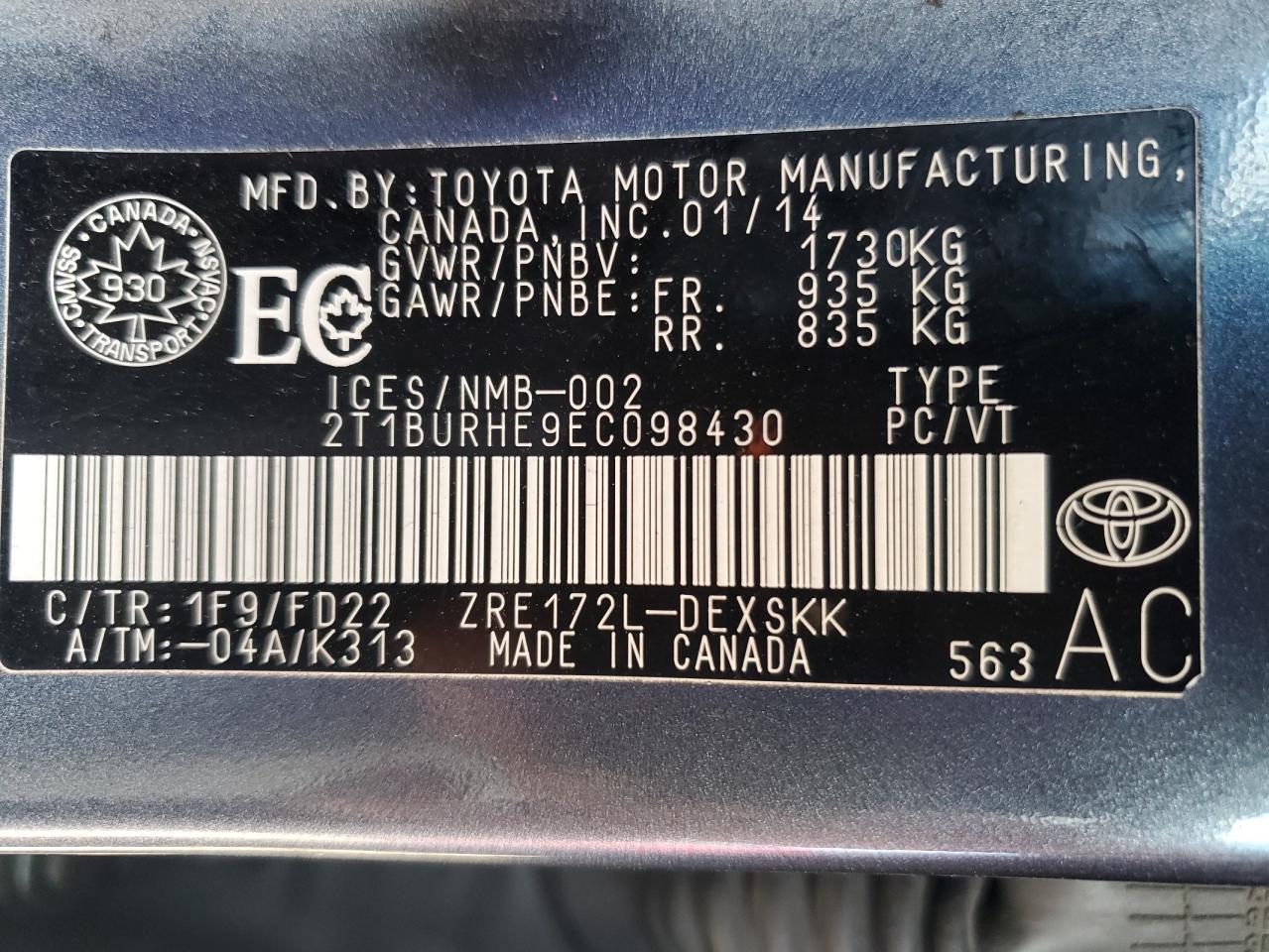 2T1BURHE9EC098430 2014 Toyota Corolla L