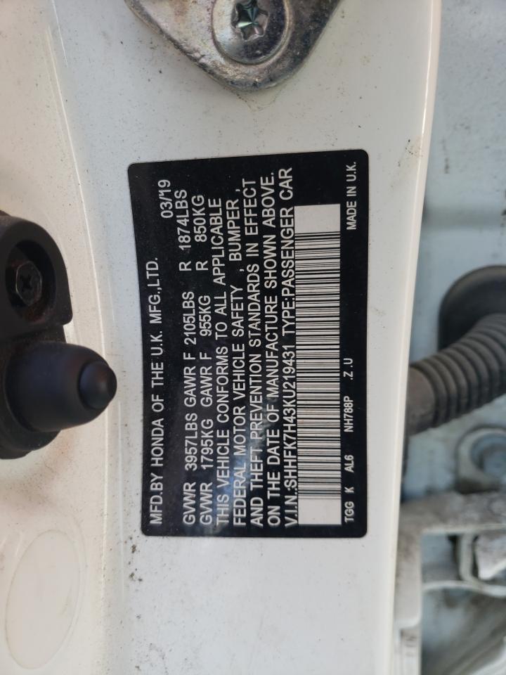 VIN: SHHFK7H43KU219431 2019 HONDA CIVIC