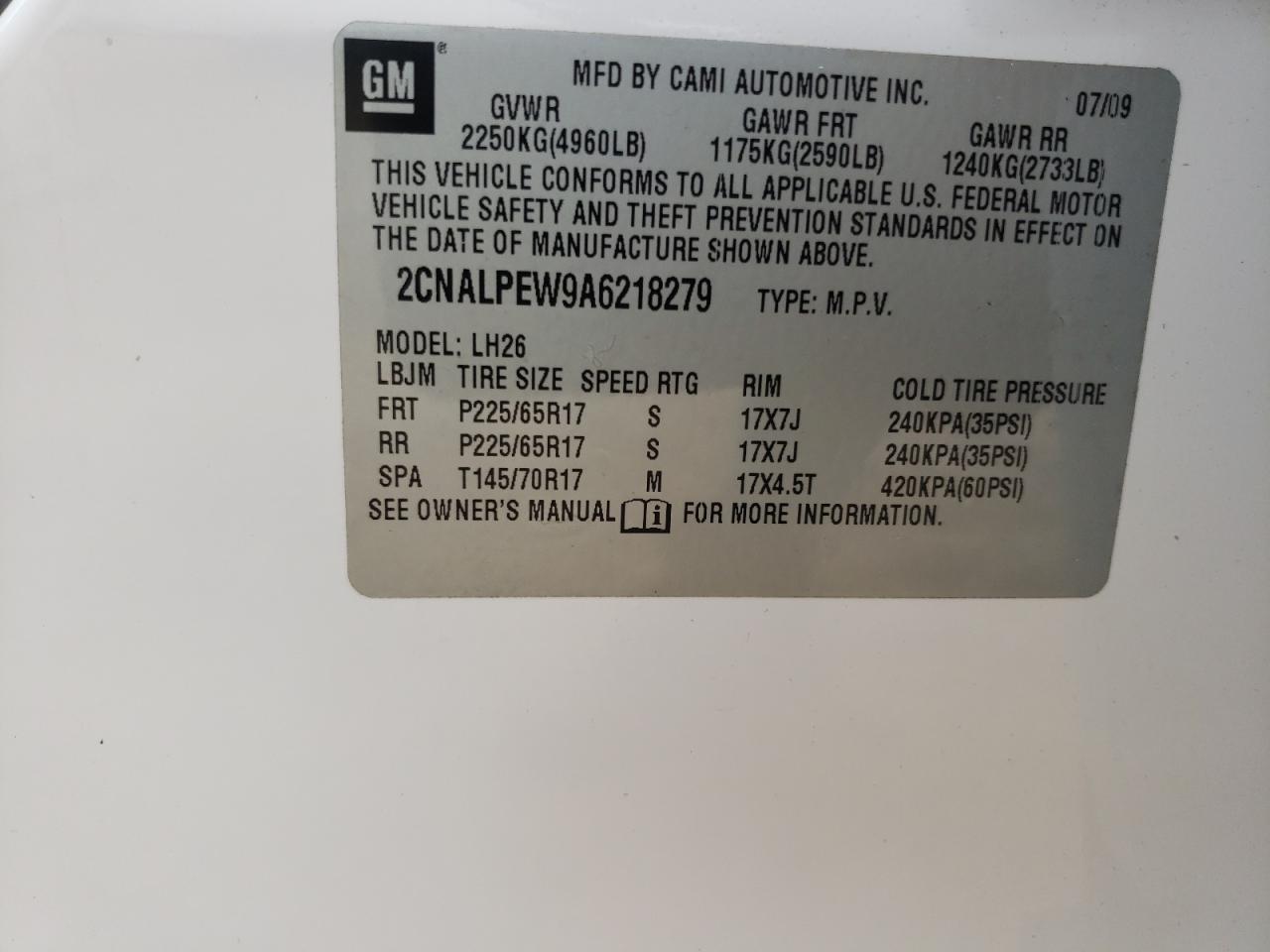 2CNALPEW9A6218279 2010 Chevrolet Equinox Lt