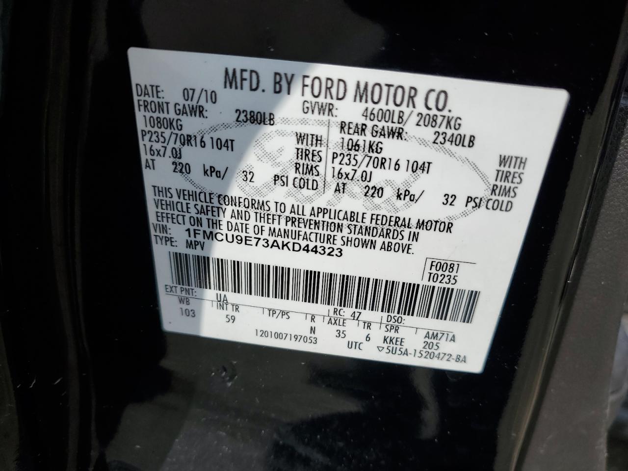 2010 FORD ESCAPE LIM 2.5L  4(VIN: 1FMCU9E73AKD44323