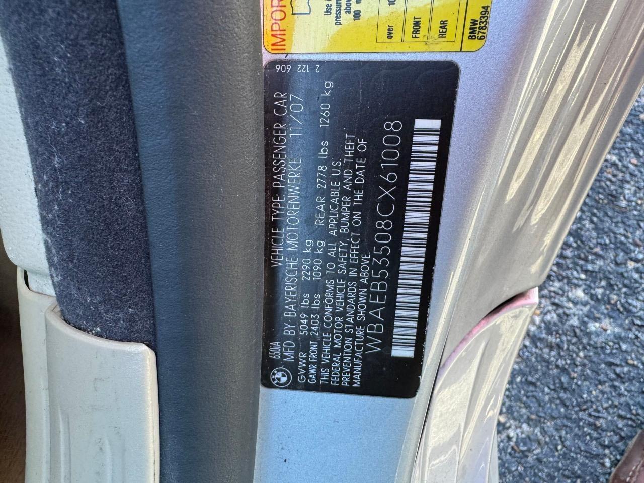 wbaeb53508cx61008 WBAEB53508CX61008 2008 BMW 650 I