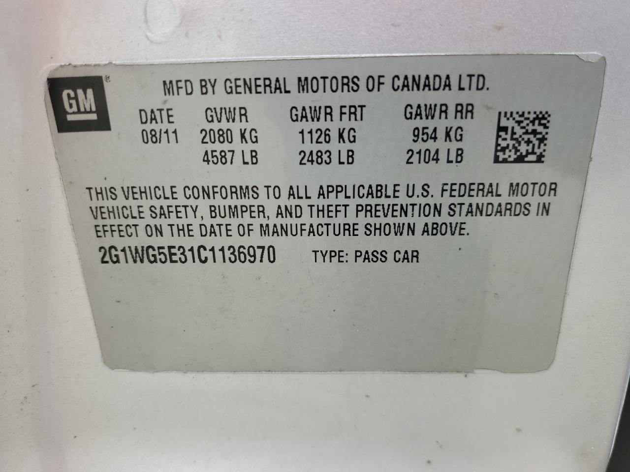 2G1WG5E31C1136970 2012 Chevrolet Impala Lt