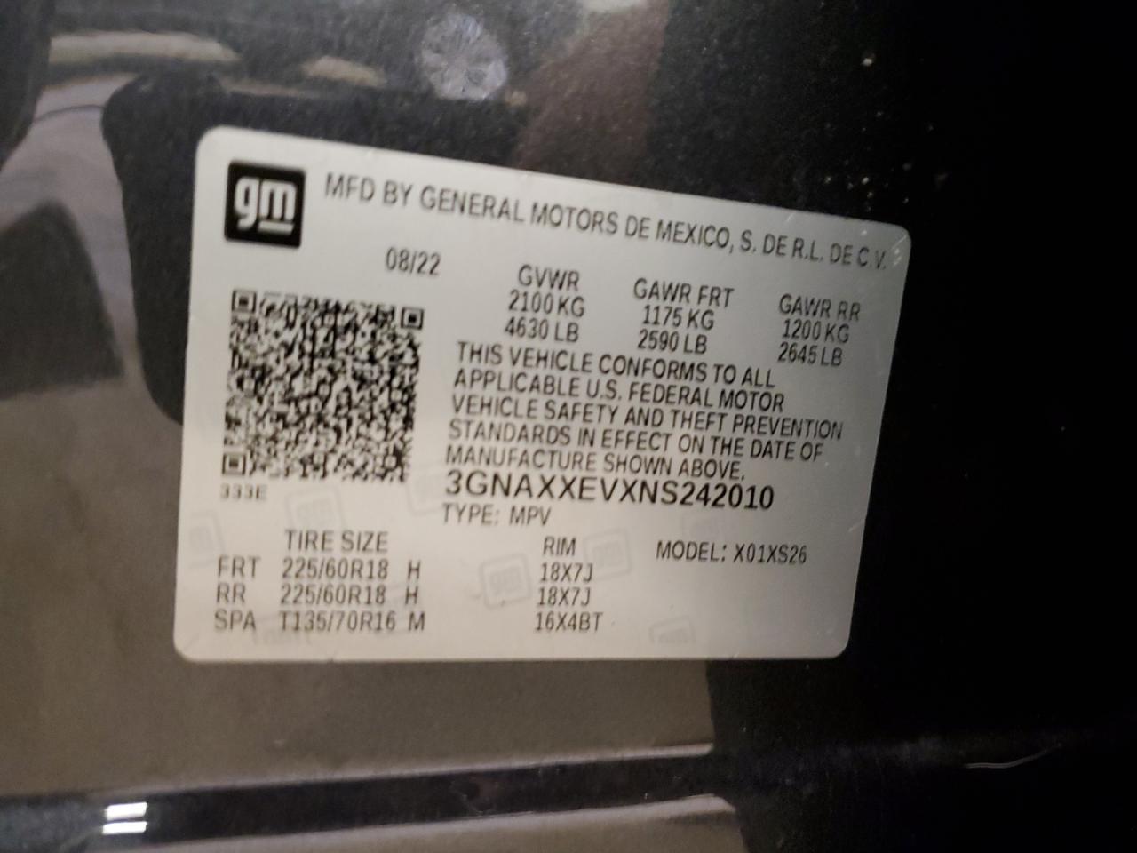 3GNAXXEVXNS242010 CHEVROLET EQUINOX 2022