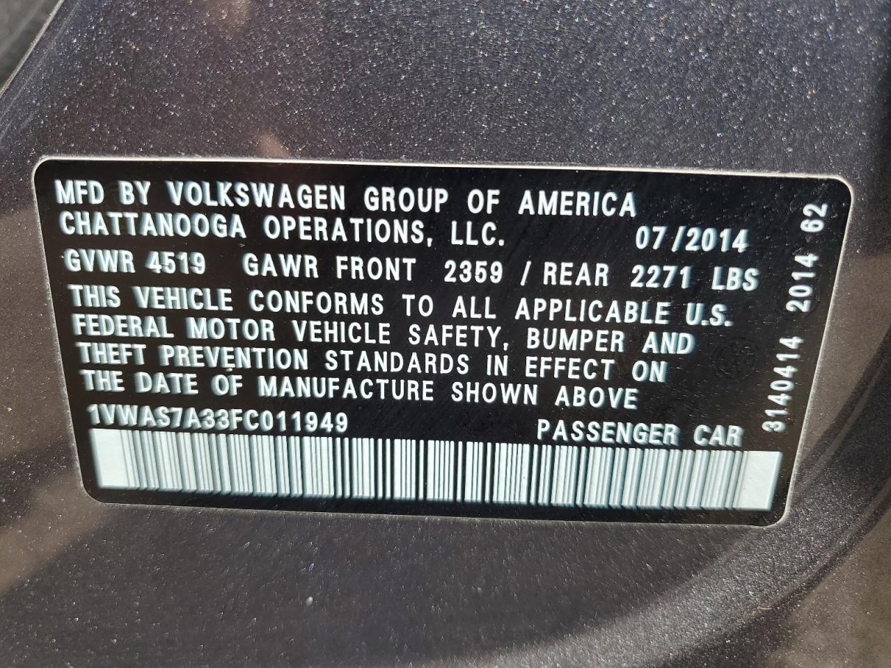 1VWAS7A33FC011949 2015 Volkswagen Passat S