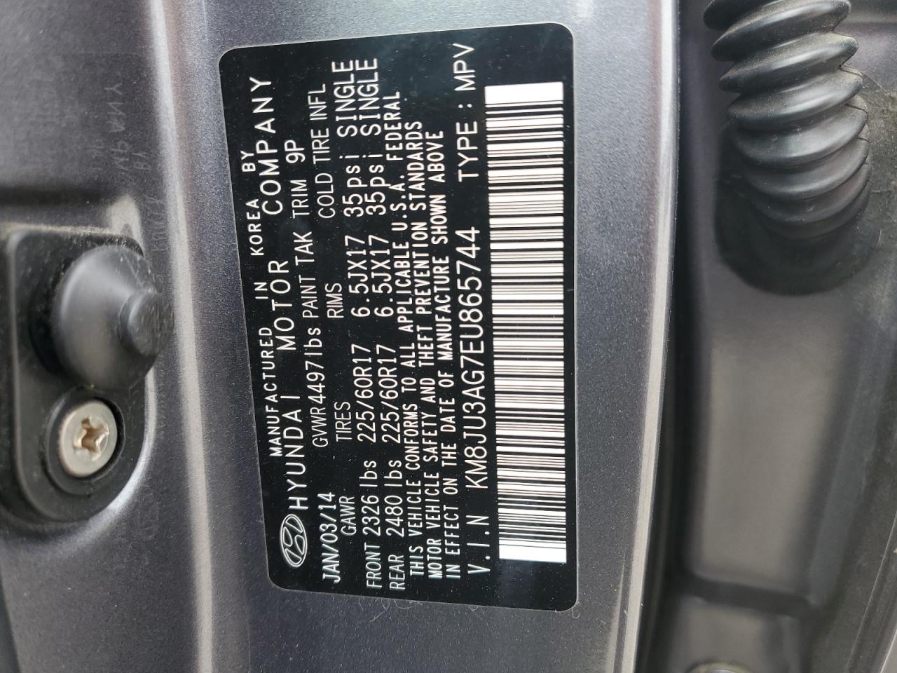 KM8JU3AG7EU865744 2014 Hyundai Tucson Gls