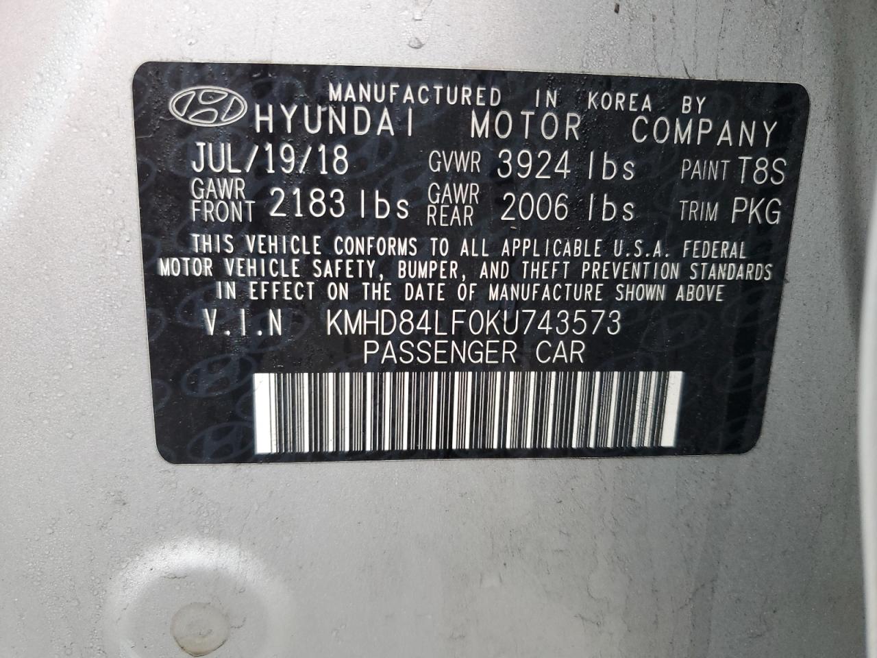 KMHD84LF0KU743573 2019 Hyundai Elantra Sel