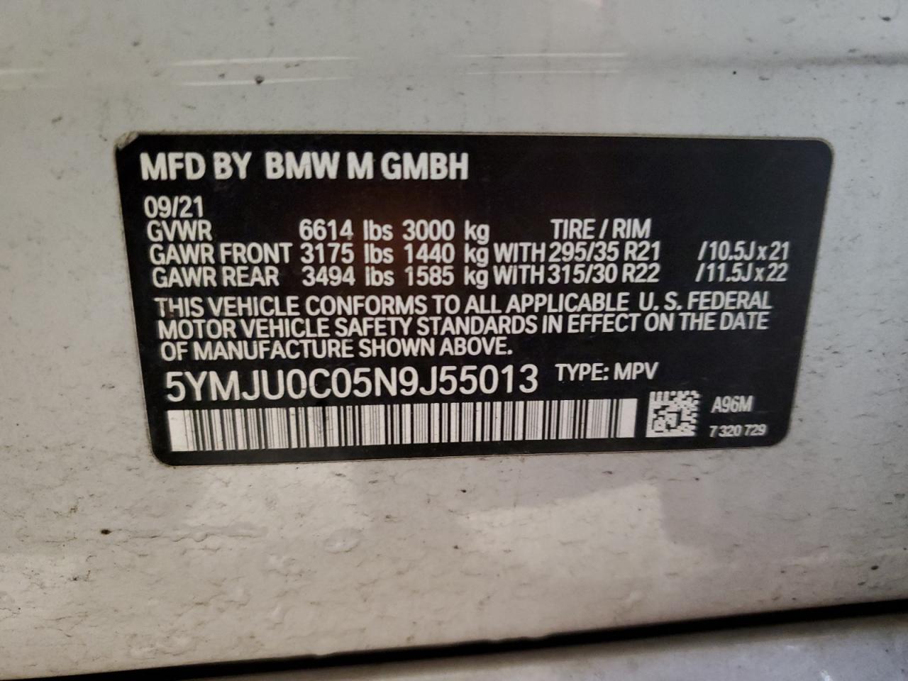 2022 BMW X5 M vin: 5YMJU0C05N9J55013