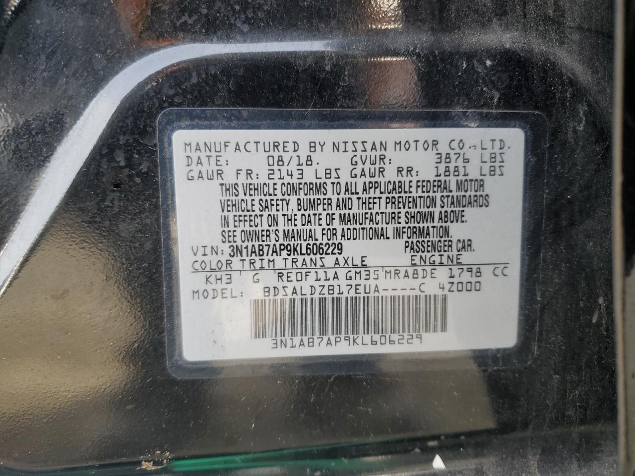 3N1AB7AP9KL606229 NISSAN SENTRA 2019