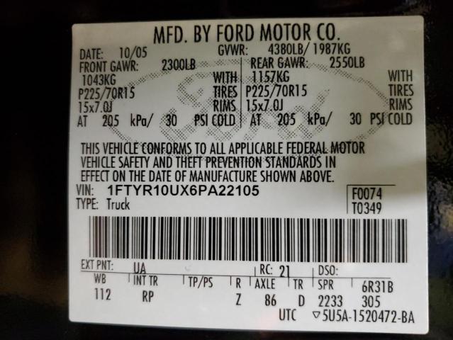 2006 Ford Ranger VIN: 1FTYR10UX6PA22105 Lot: 51587054