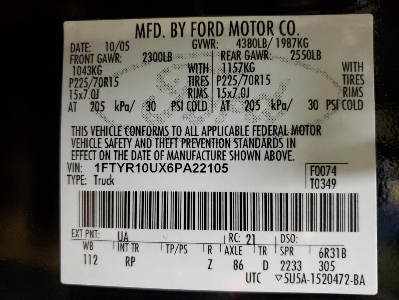 1FTYR10UX6PA22105 2006 Ford Ranger