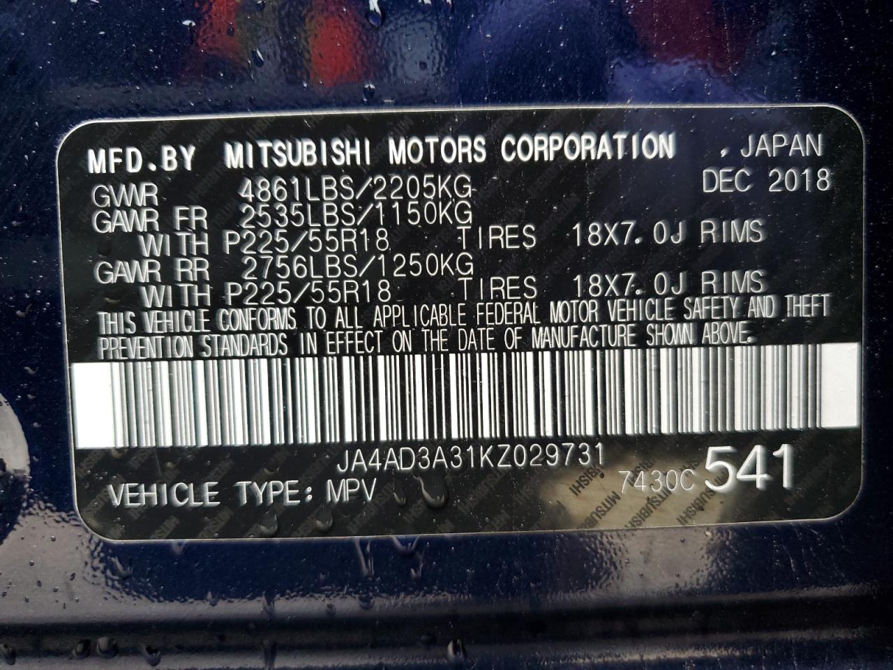 JA4AD3A31KZ029731 2019 Mitsubishi Outlander Se