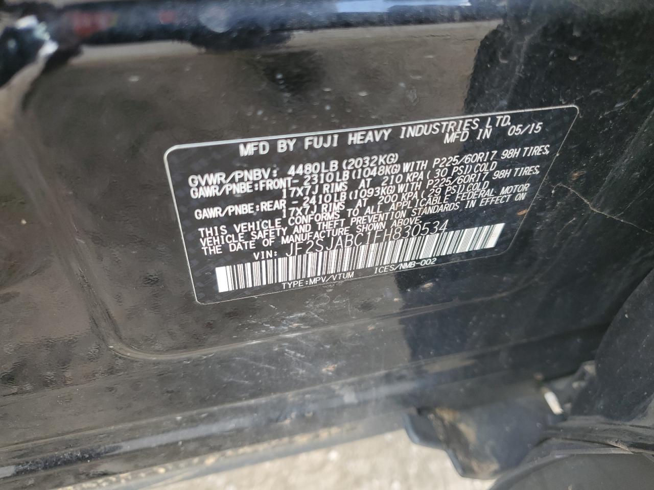 JF2SJABC1FH830534 2015 Subaru Forester 2.5I