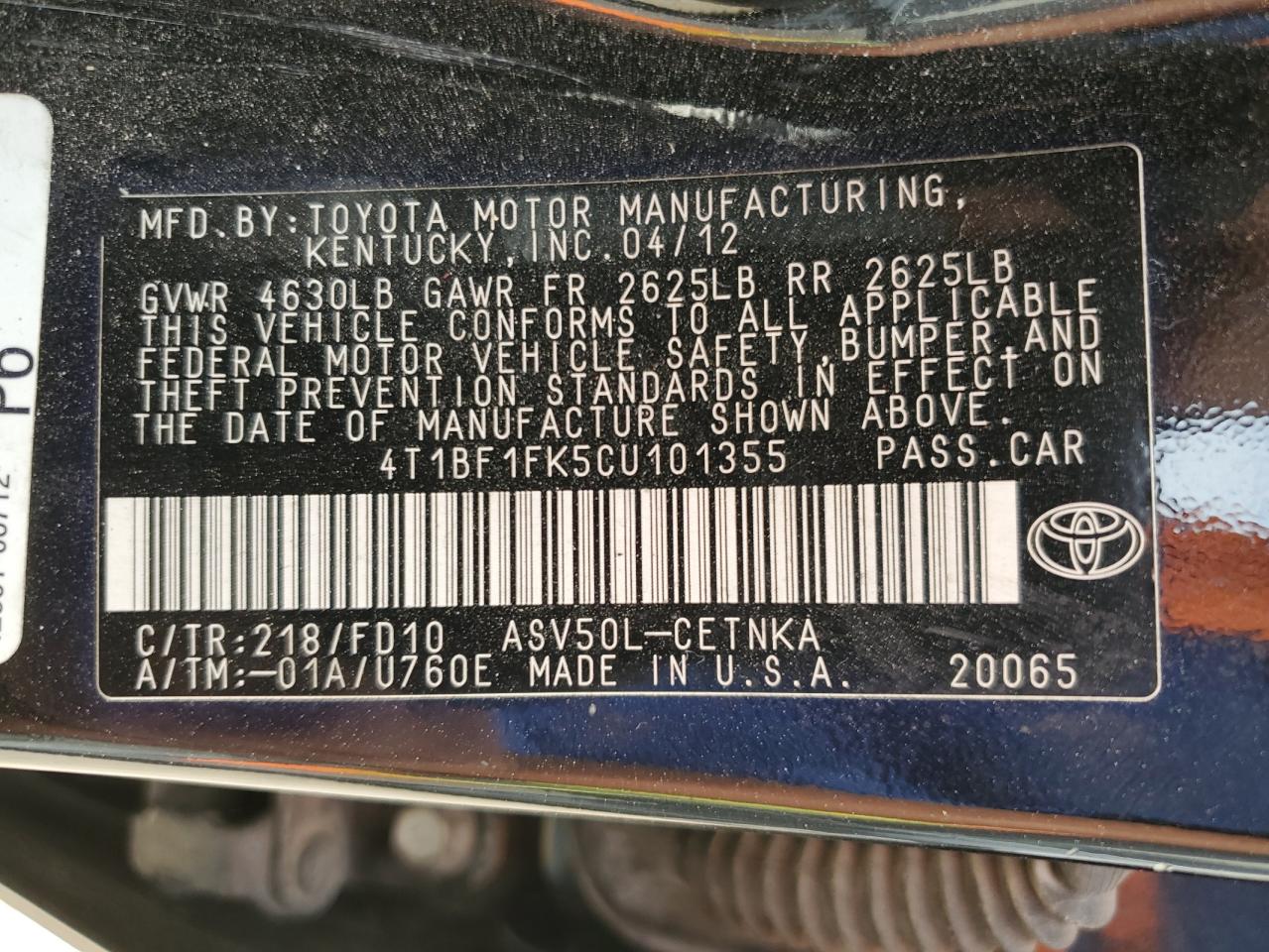 4T1BF1FK5CU101355 2012 Toyota Camry Base