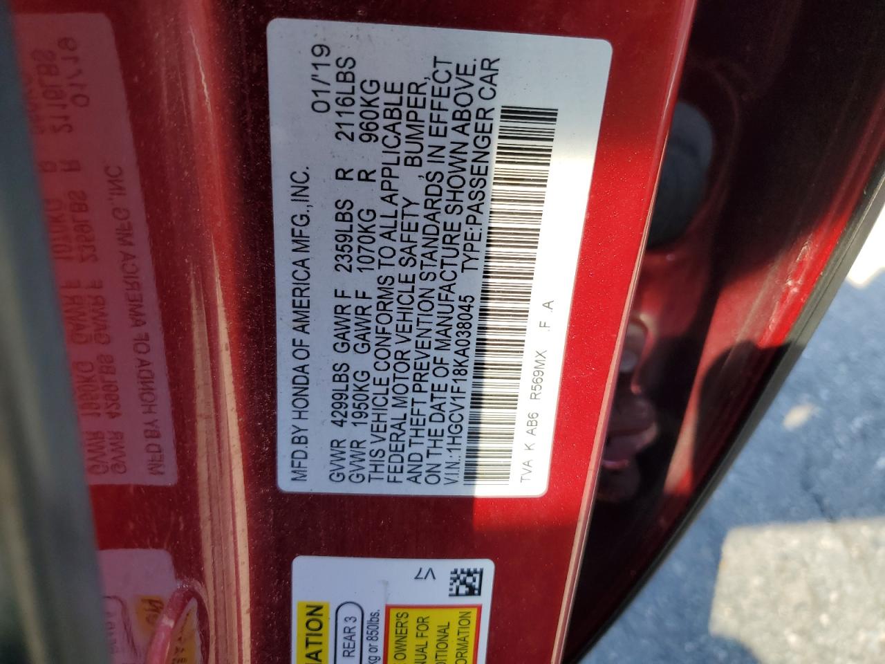 1HGCV1F18KA038045 HONDA ACCORD 2019