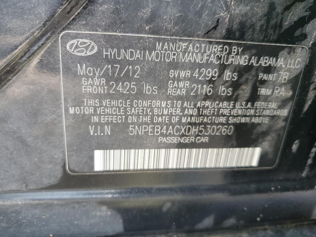 5NPEB4ACXDH530260 2013 Hyundai Sonata Gls