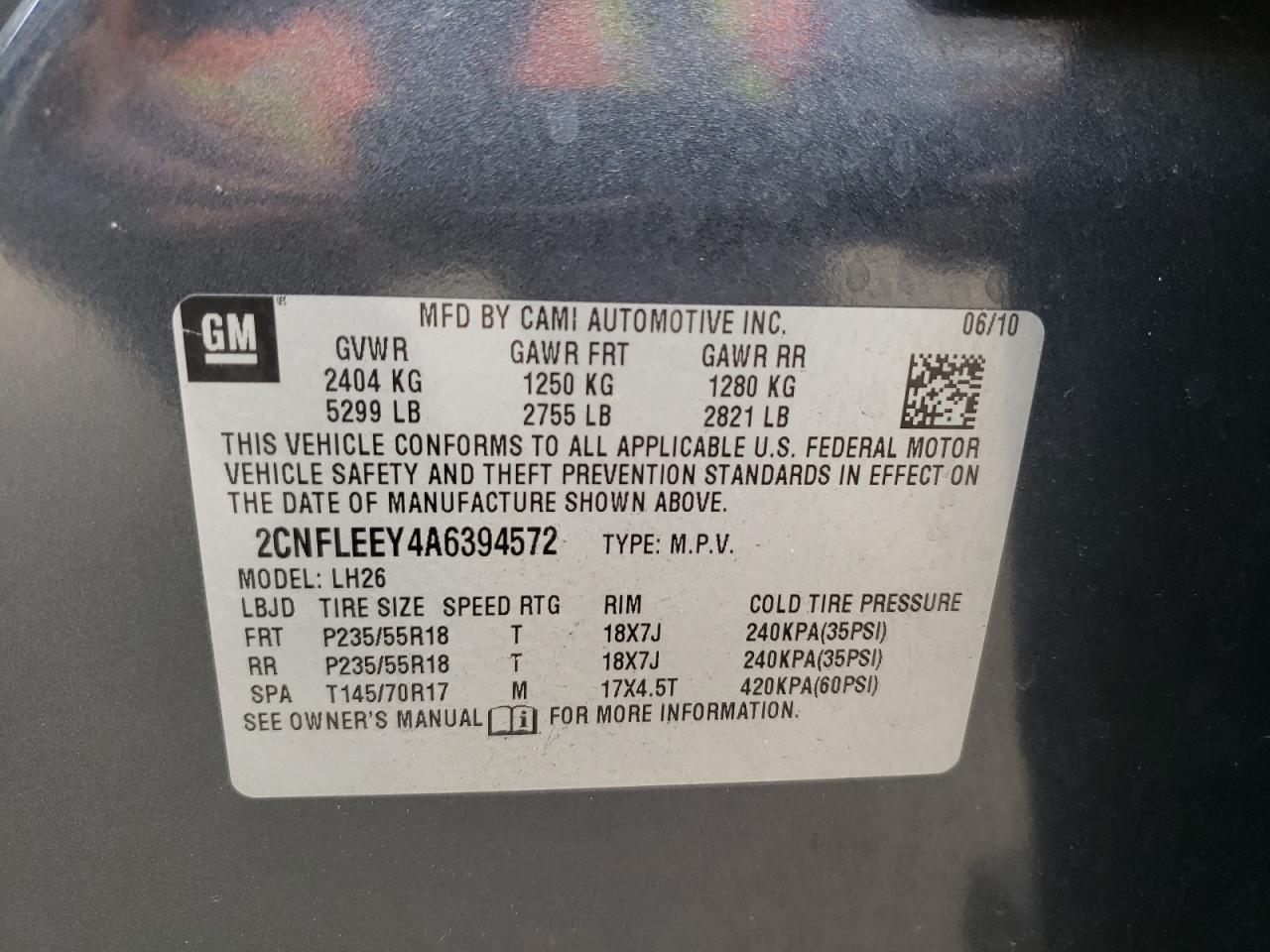 2CNFLEEY4A6394572 2010 Chevrolet Equinox Lt