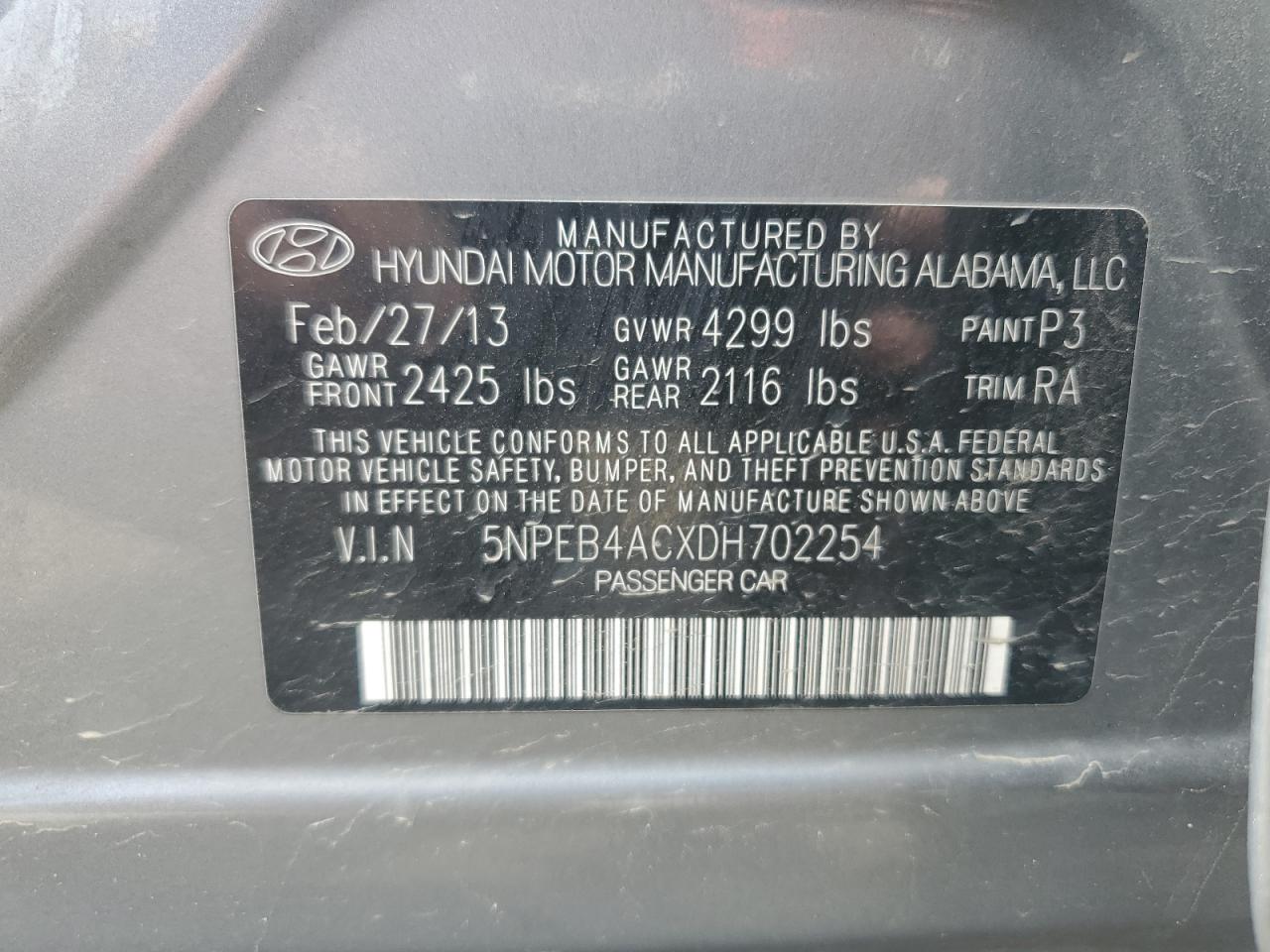 5NPEB4ACXDH702254 2013 Hyundai Sonata Gls