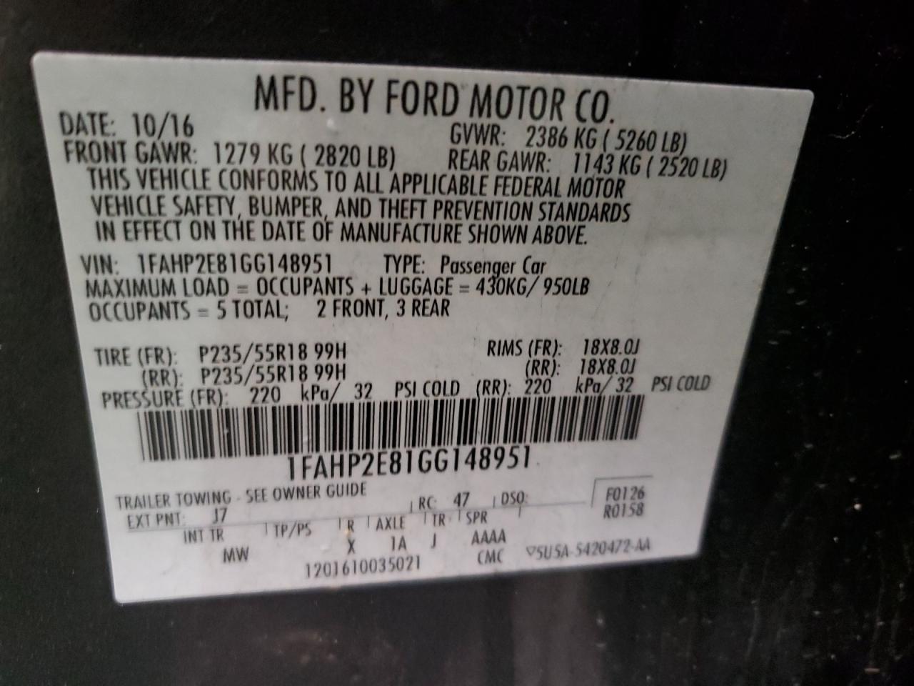 1FAHP2E81GG148951 2016 Ford Taurus Sel