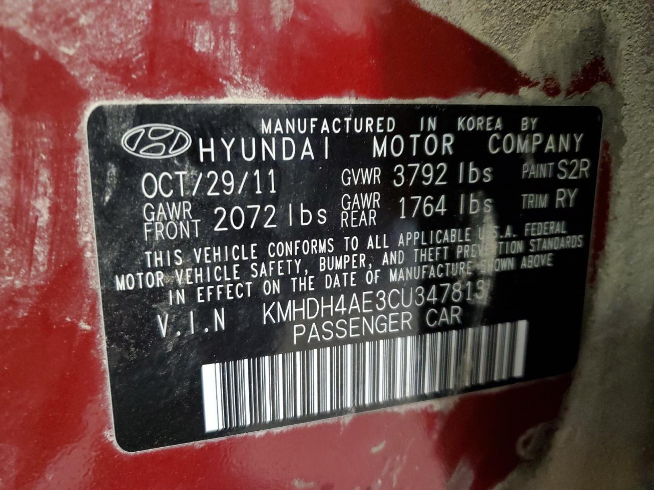 KMHDH4AE3CU347813 2012 Hyundai Elantra Gls
