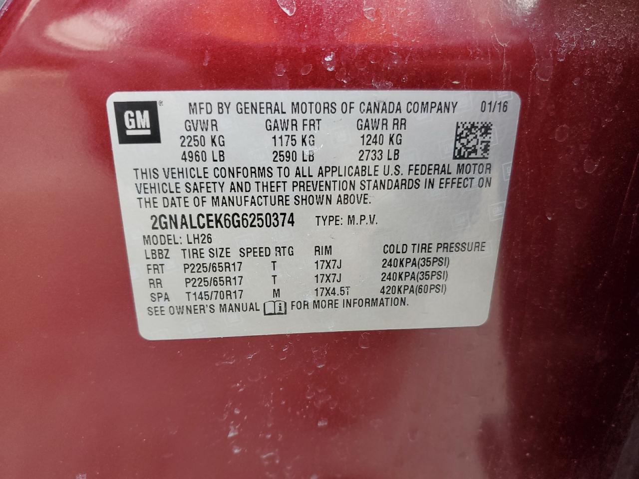 2GNALCEK6G6250374 CHEVROLET EQUINOX 2016