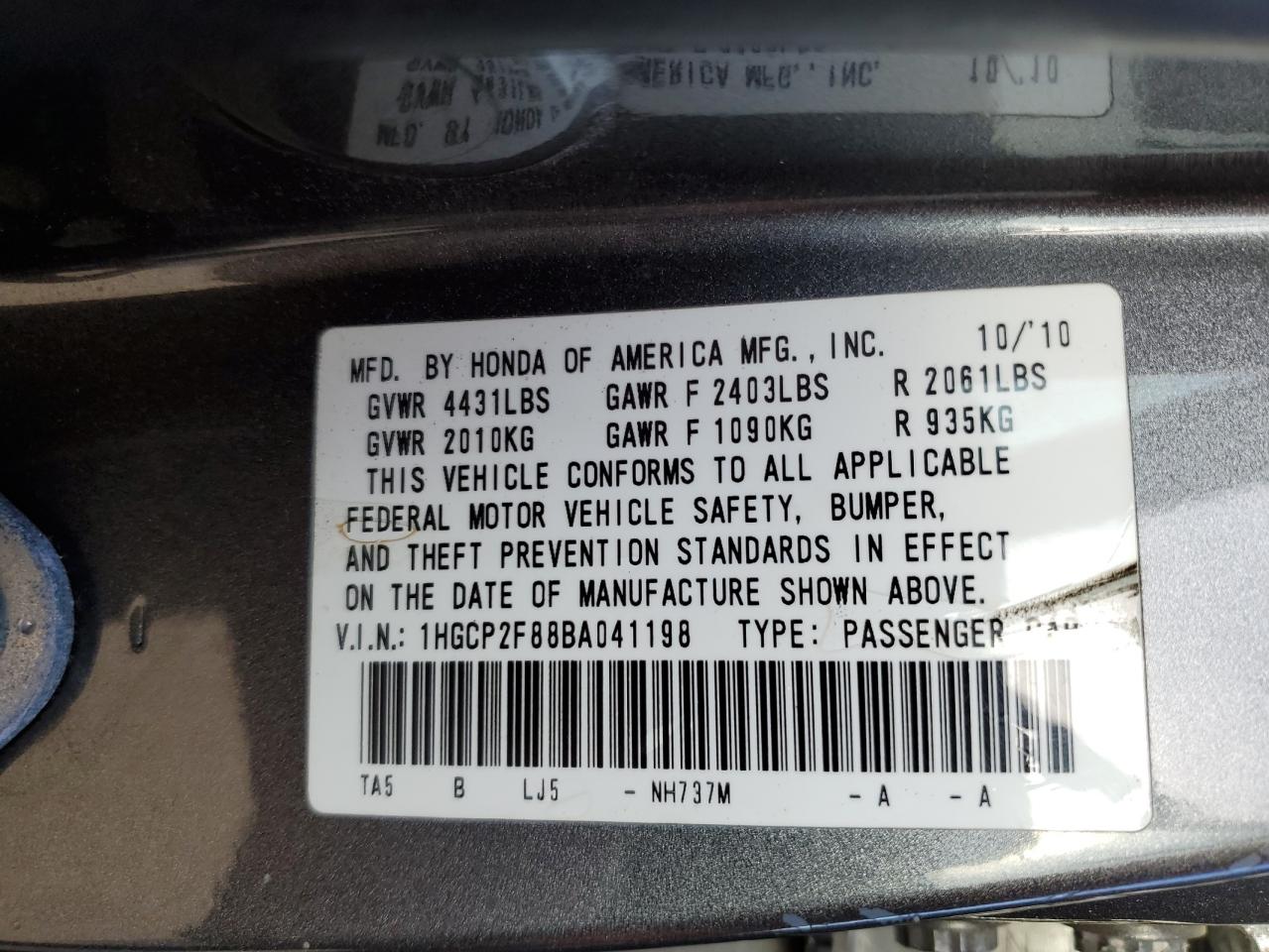 1HGCP2F88BA041198 2011 Honda Accord Exl