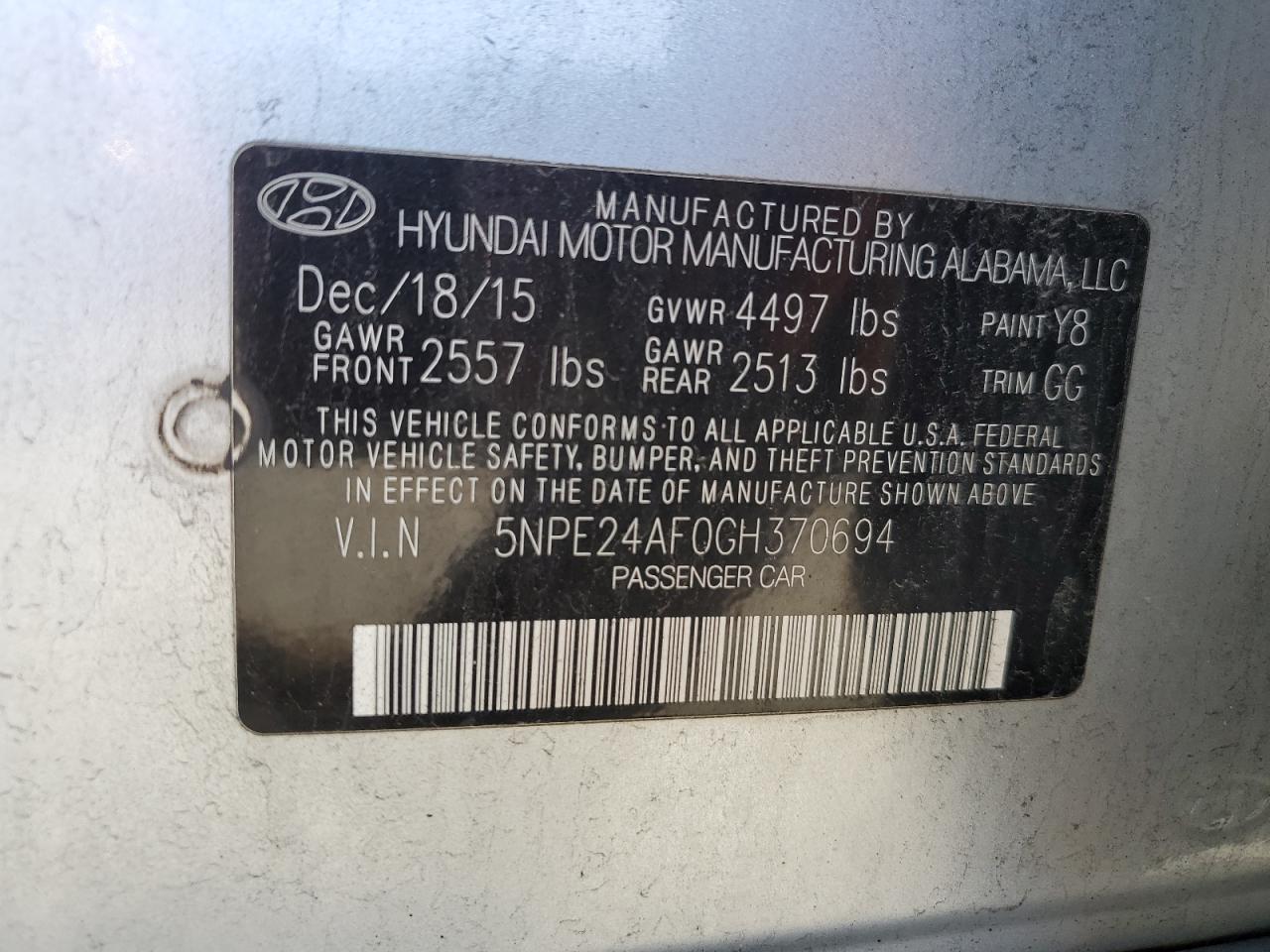 5NPE24AF0GH370694 2016 Hyundai Sonata Se