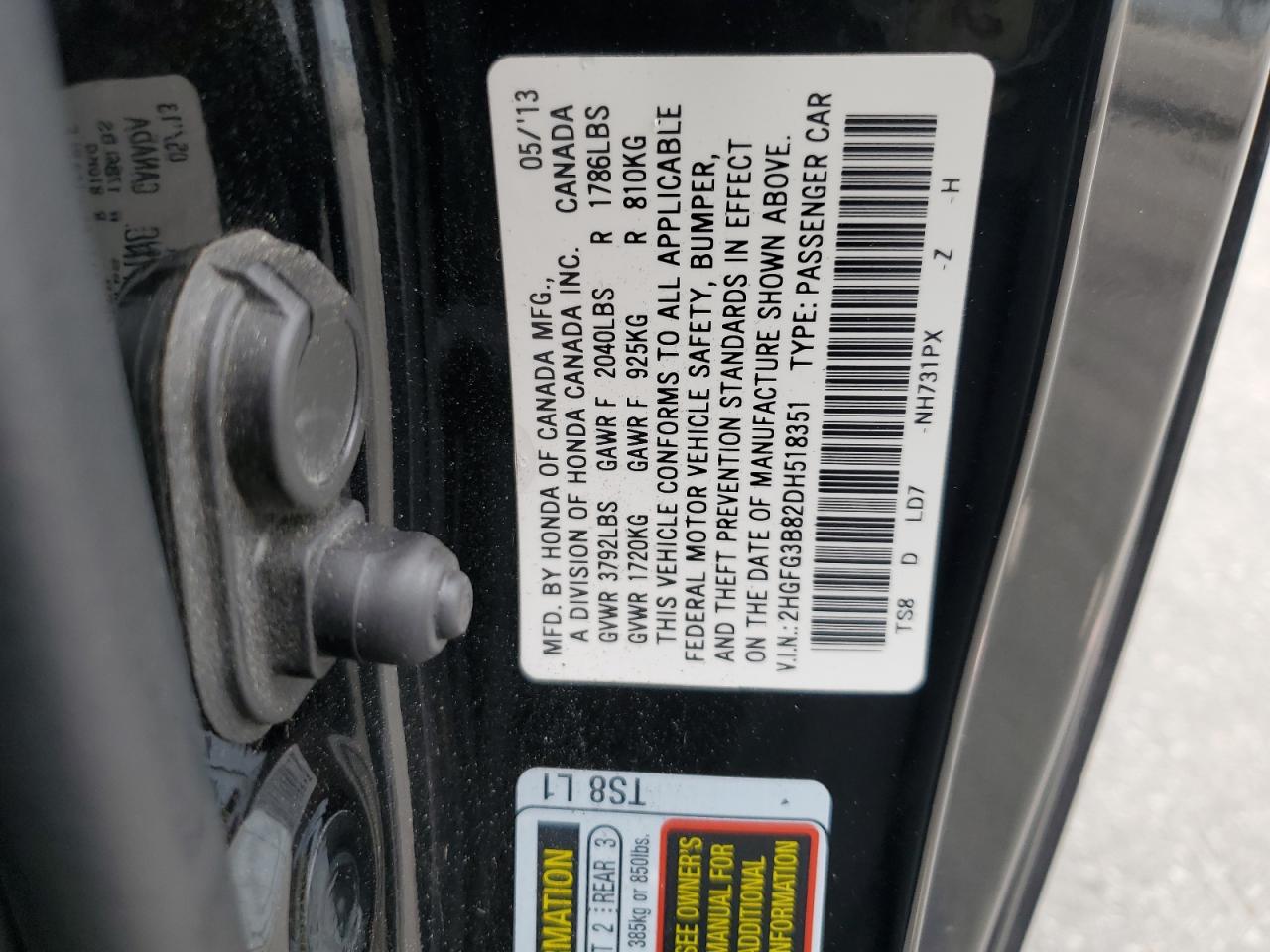 2HGFG3B82DH518351 2013 Honda Civic Ex