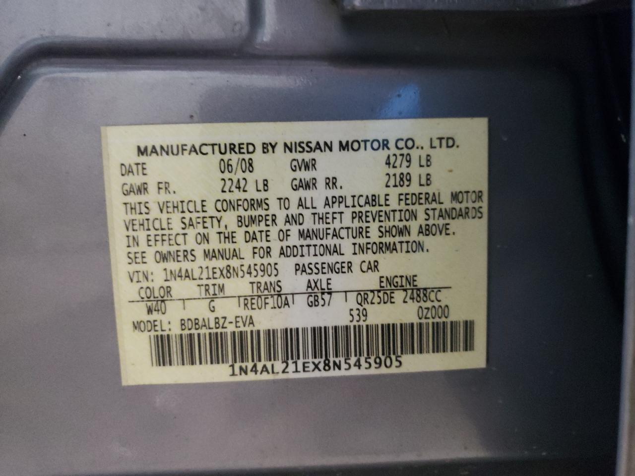 1N4AL21EX8N545905 2008 Nissan Altima 2.5