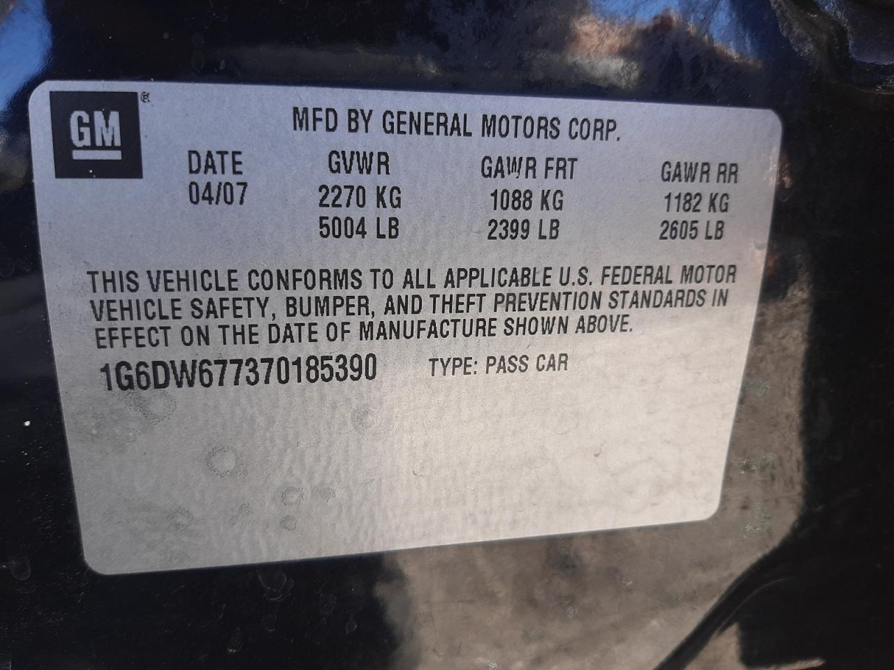 1g6dw677370185390 1G6DW677370185390 2007 Cadillac Sts