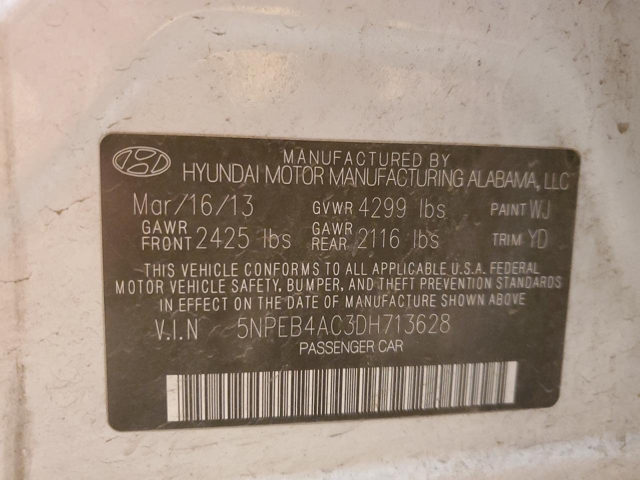 5NPEB4AC3DH713628 2013 Hyundai Sonata Gls