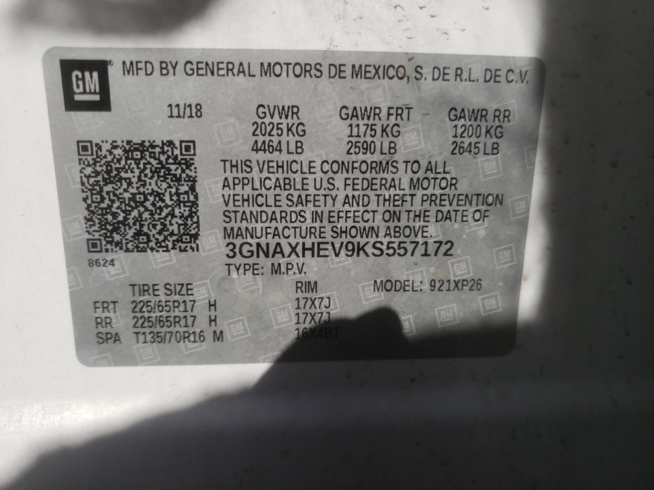 3GNAXHEV9KS557172 2019 Chevrolet Equinox Ls