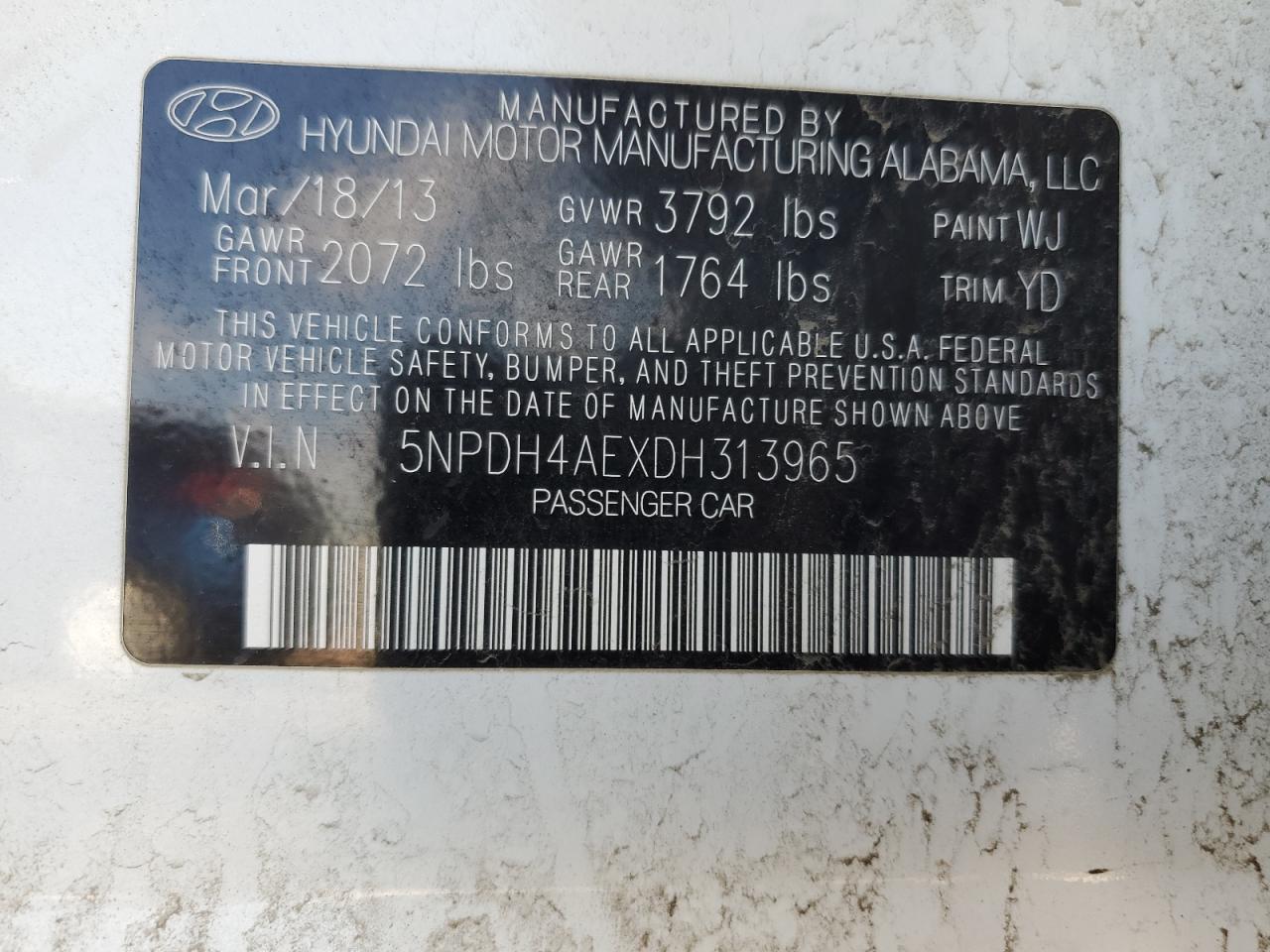 5NPDH4AEXDH313965 2013 Hyundai Elantra Gls