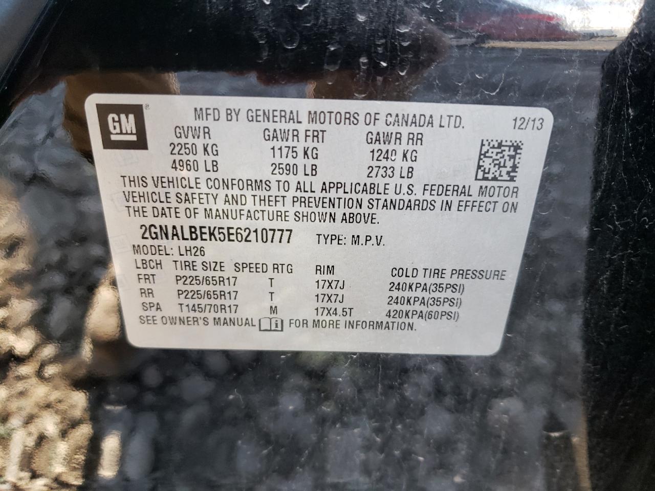 2GNALBEK5E6210777 2014 Chevrolet Equinox Lt
