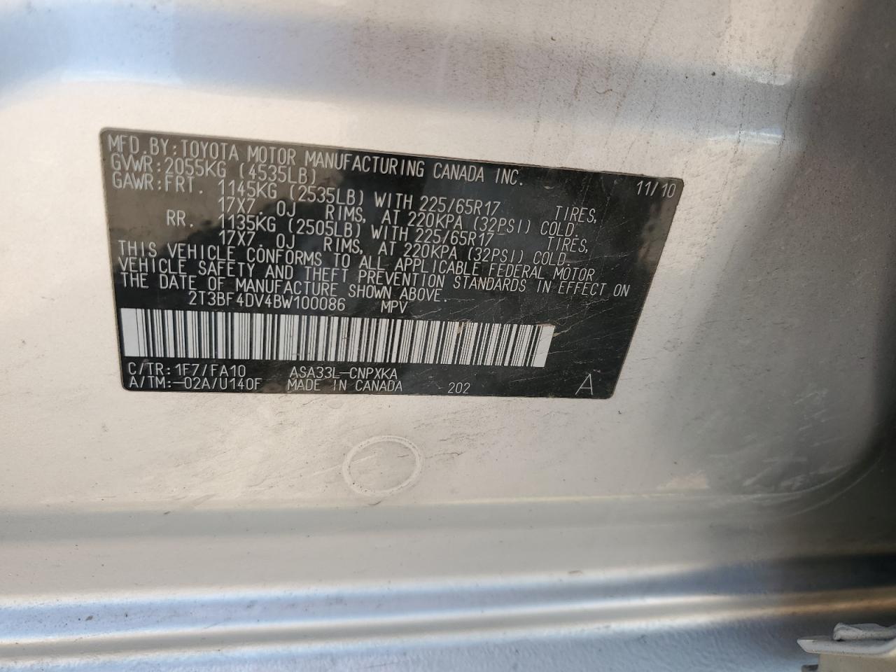 2T3BF4DV4BW100086 2011 Toyota Rav4