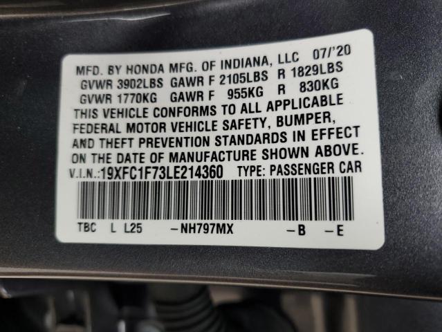 VIN 19XFC1F73LE214360 2020 Honda Civic, Exl no.12