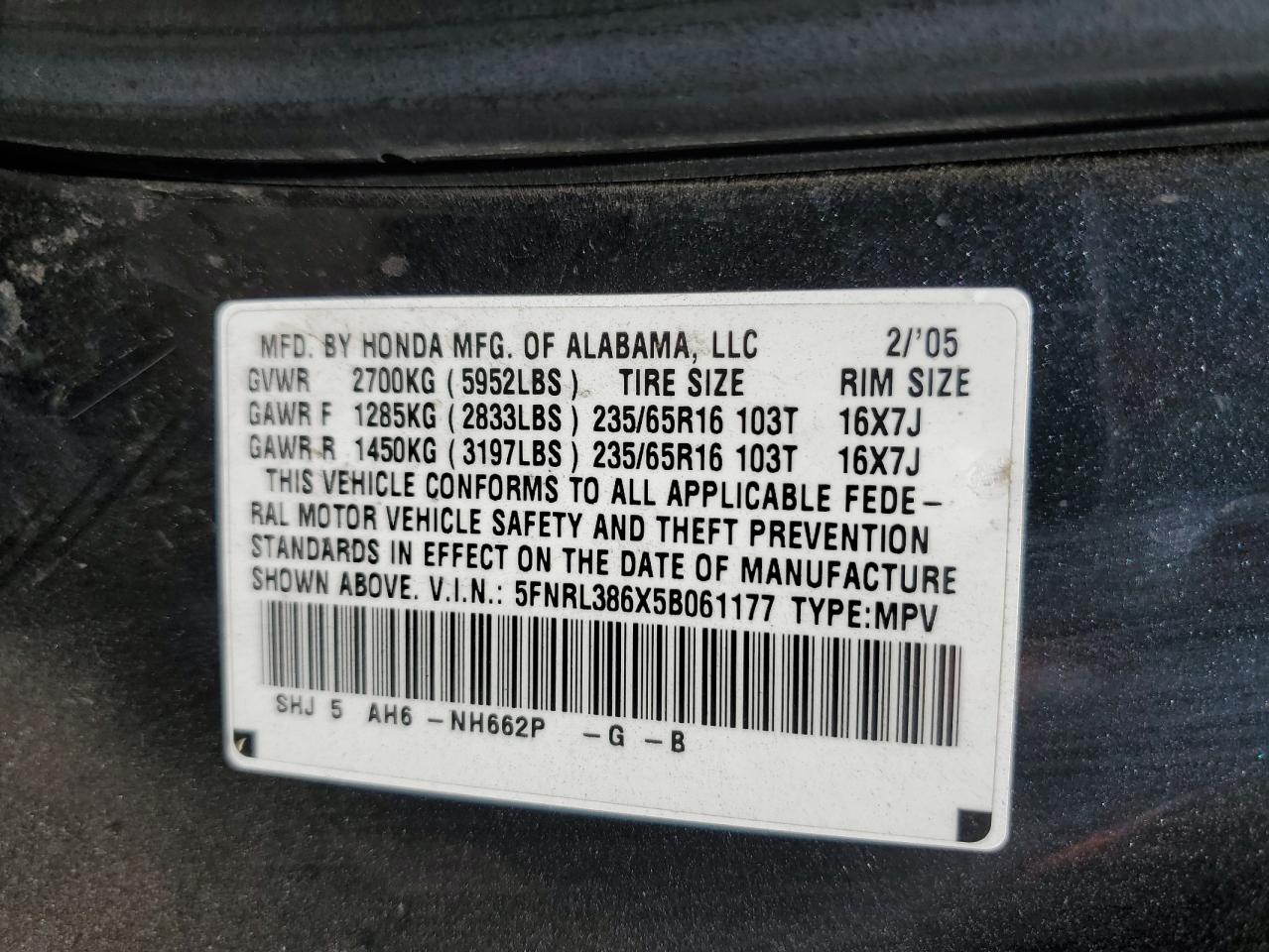 5FNRL386X5B061177 2005 Honda Odyssey Exl