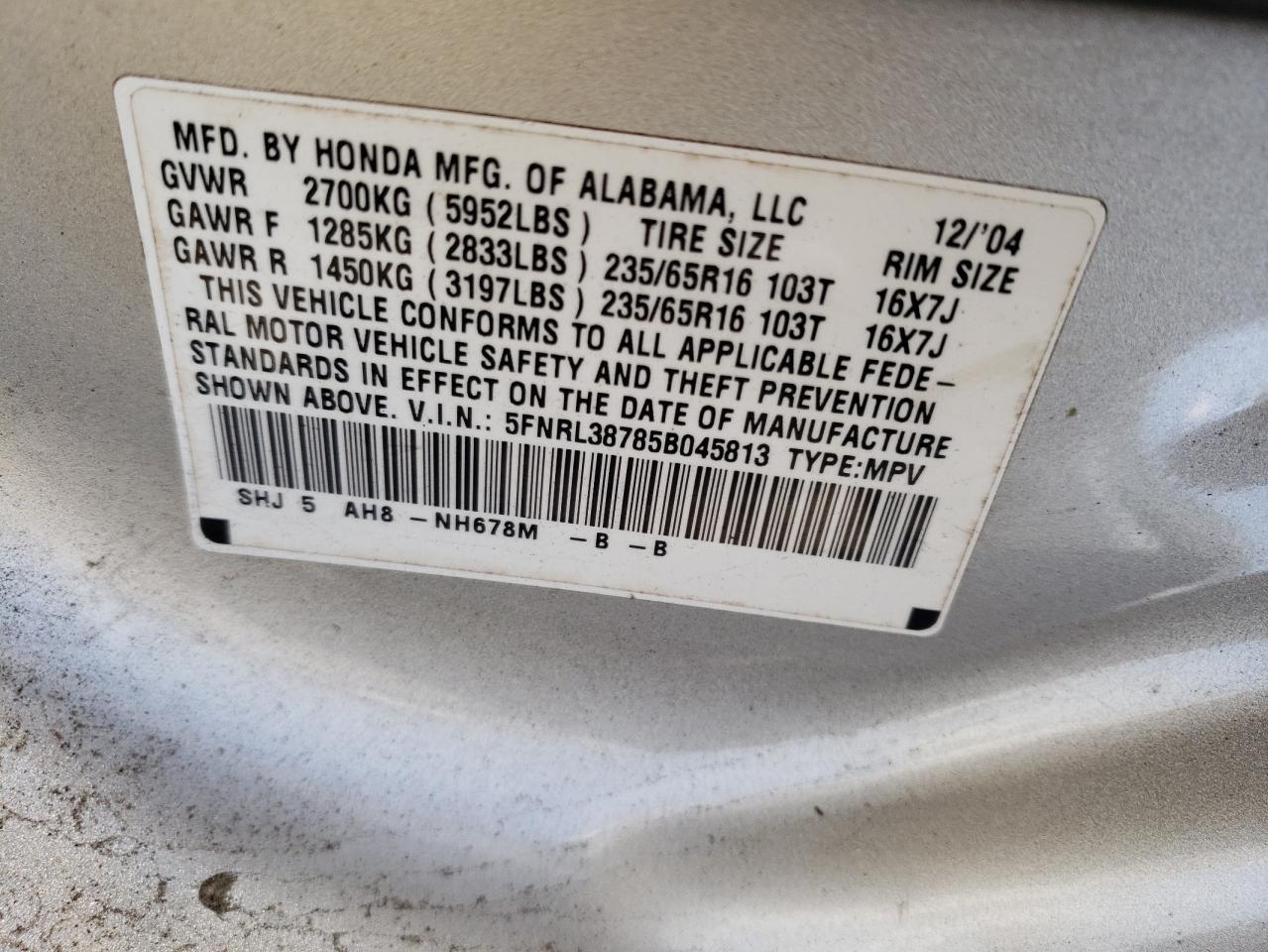5FNRL38785B045813 2005 Honda Odyssey Exl