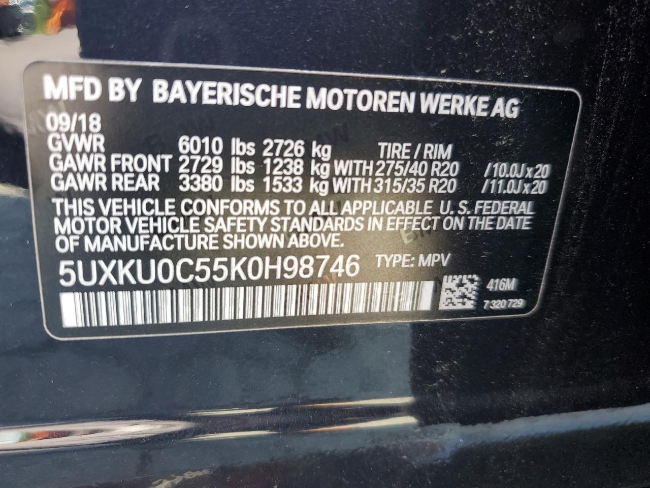 2019 BMW X6 SDRIVE3 3.0L  6(VIN: 5UXKU0C55K0H98746