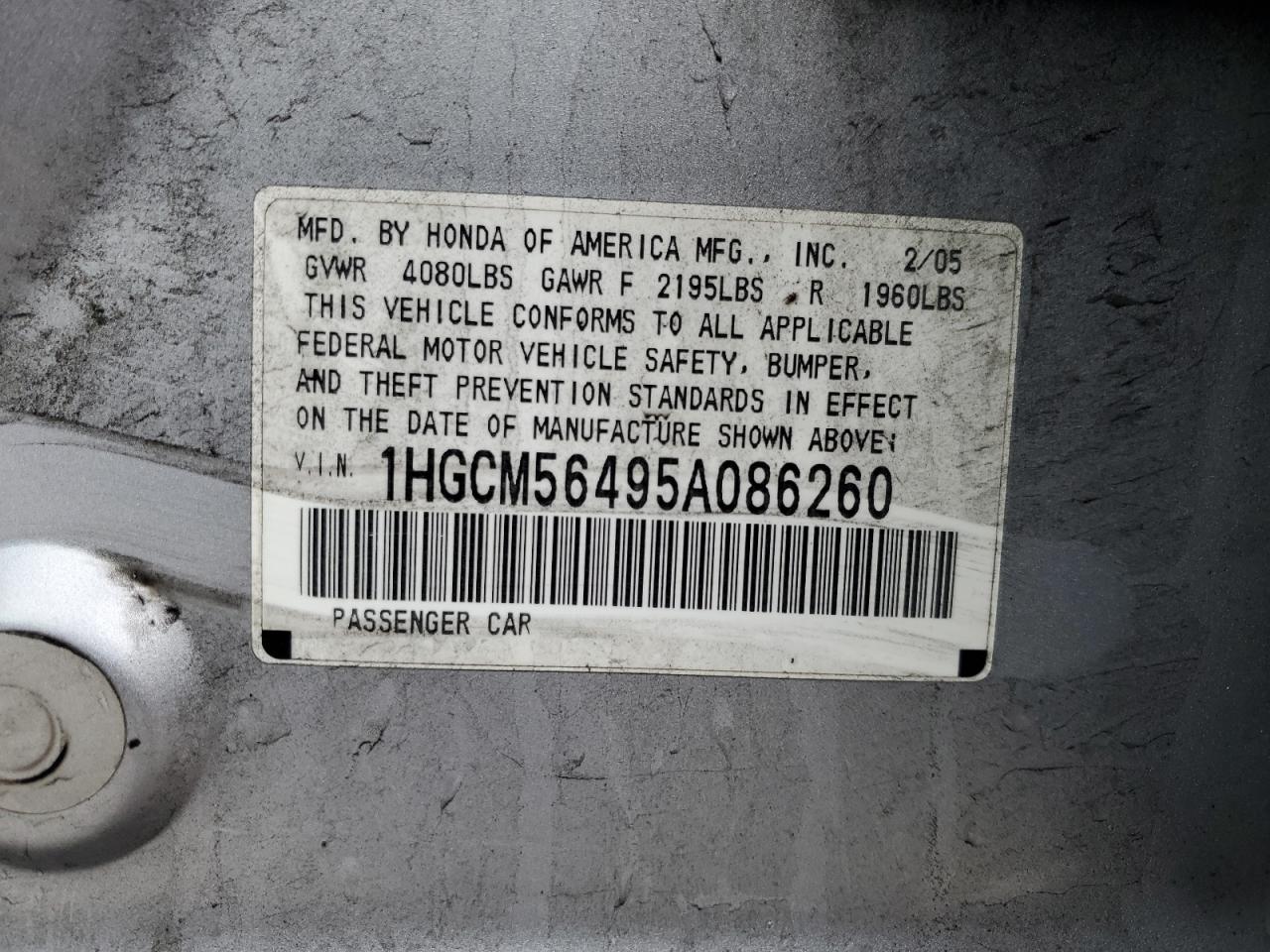 1HGCM56495A086260 2005 Honda Accord Lx