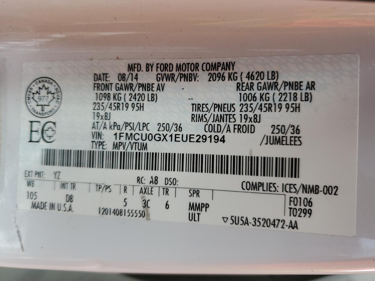 1FMCU0GX1EUE29194 2014 Ford Escape Se