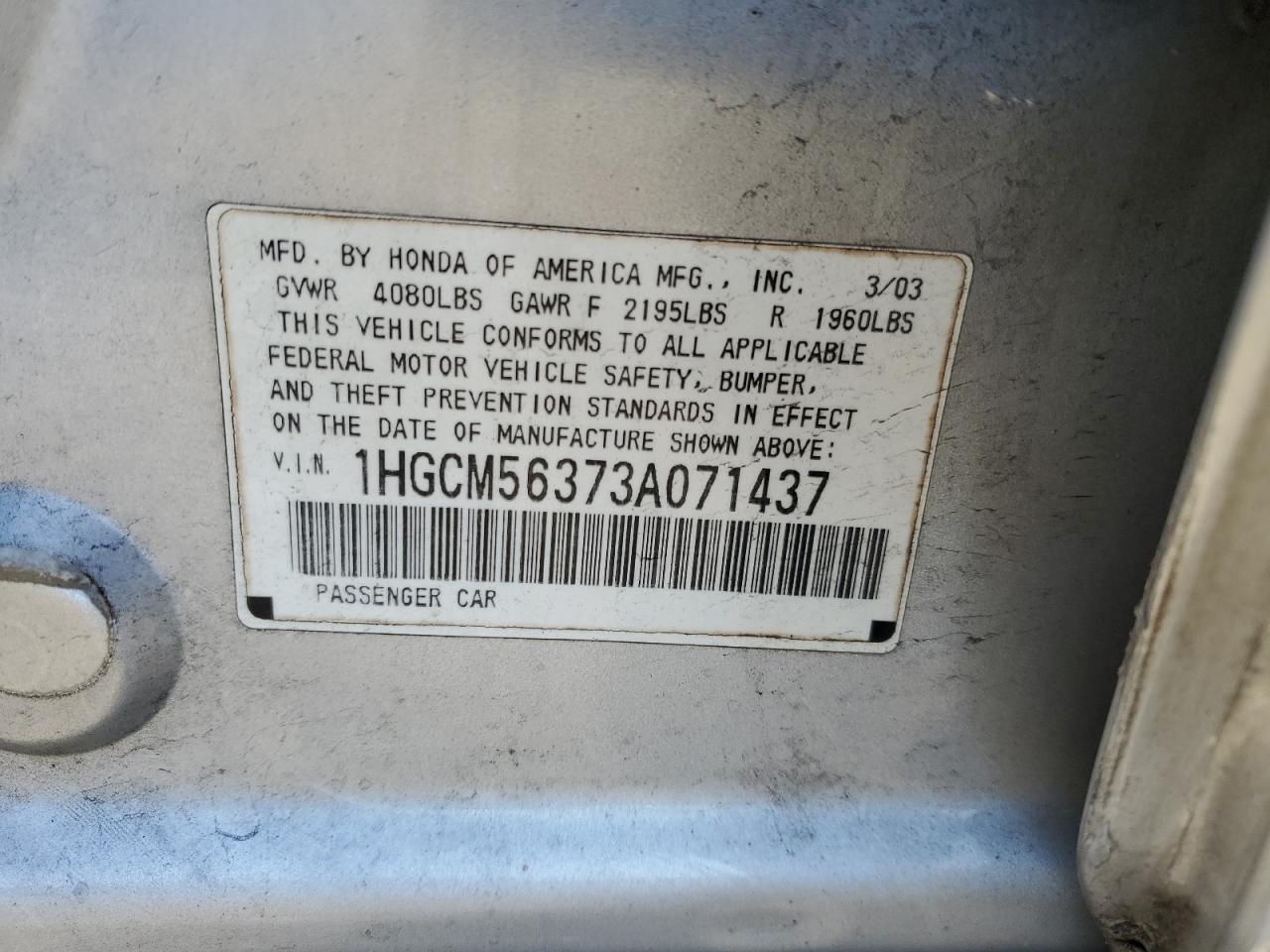 1HGCM56373A071437 2003 Honda Accord Lx