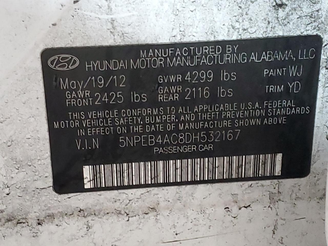 5NPEB4AC8DH532167 2013 Hyundai Sonata Gls