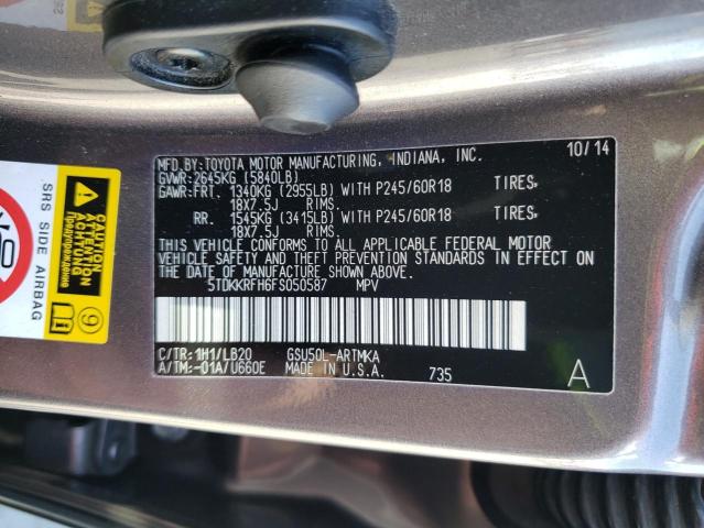 VIN 5TDKKRFH6FS050587 2015 Toyota Highlander, Xle no.12