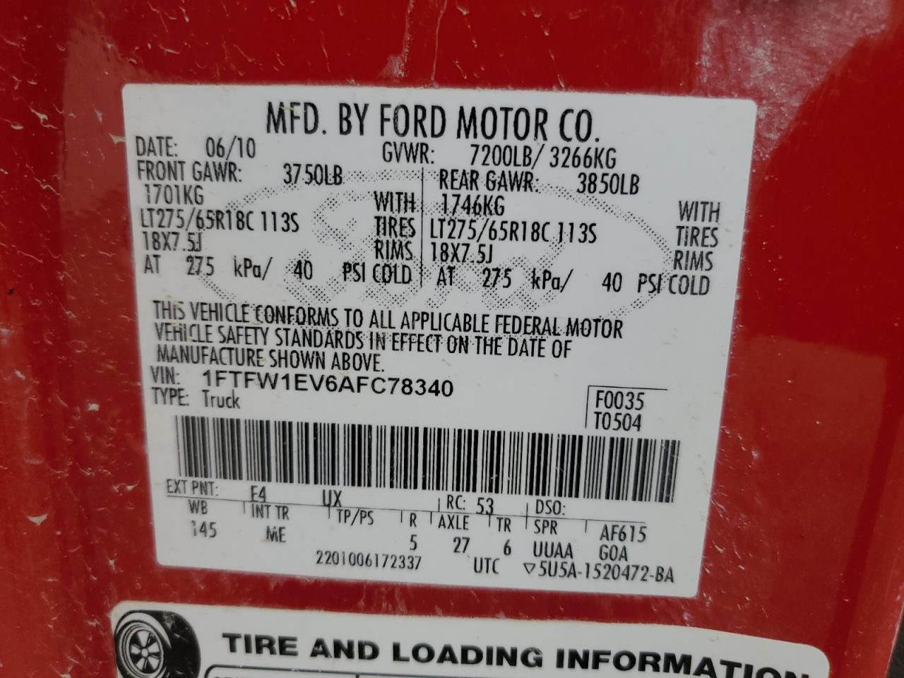 1FTFW1EV6AFC78340 2010 Ford F150 Supercrew